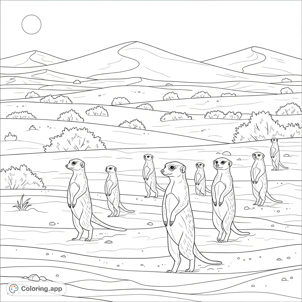 A group of lively meerkats strolls across a sunny desert landscape, showcasing their curious nature amidst sparse vegetation and rolling sand dunes. Perfect for animal lovers!