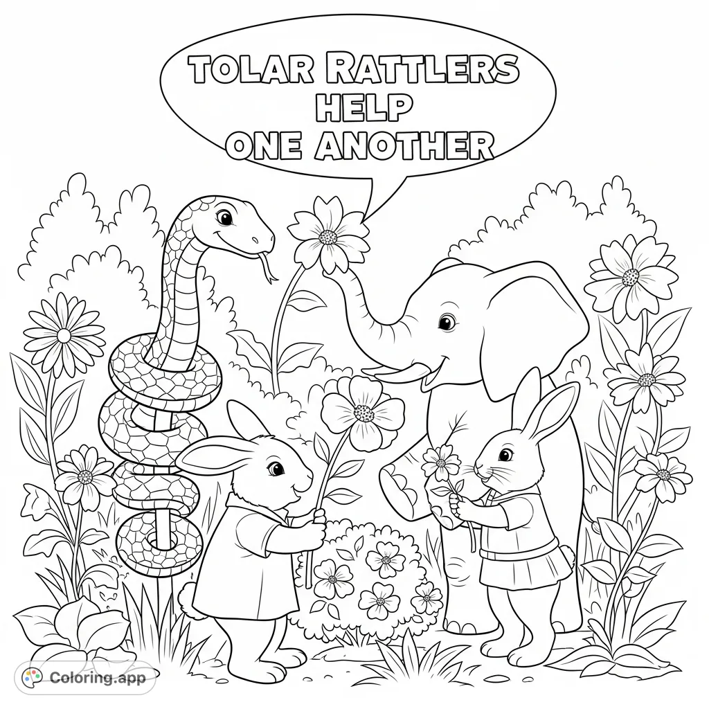 A heartwarming scene of a snake, elephant, and rabbit working together to pick flowers, featuring the message "Tolar Rattlers help one another."