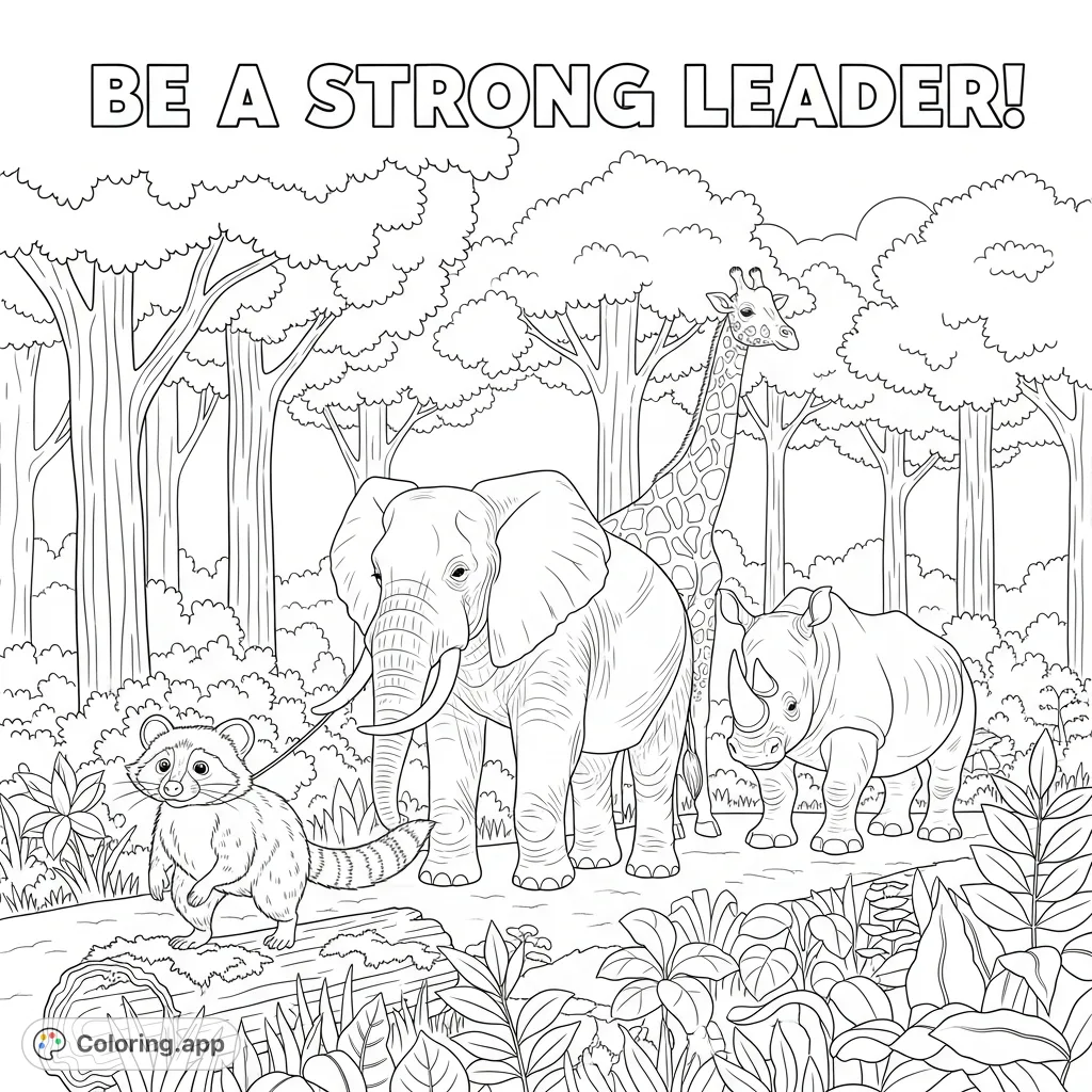 Lead the way! A courageous racoon guides a parade of elephants, giraffes, and rhinos through a lush forest, with an inspiring message.