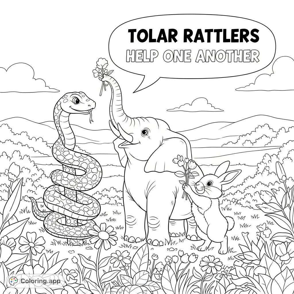 A heartwarming scene of a snake, elephant, and rabbit cooperatively picking flowers, featuring a message of teamwork and friendship.