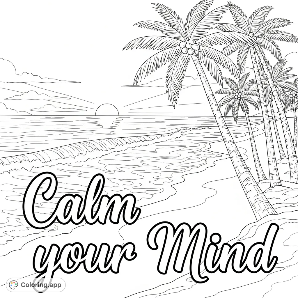 Discover a tranquil ocean beach coloring page with swaying palm trees and a serene setting sun. Features the mindful phrase "Calm your Mind" in bold cursive.