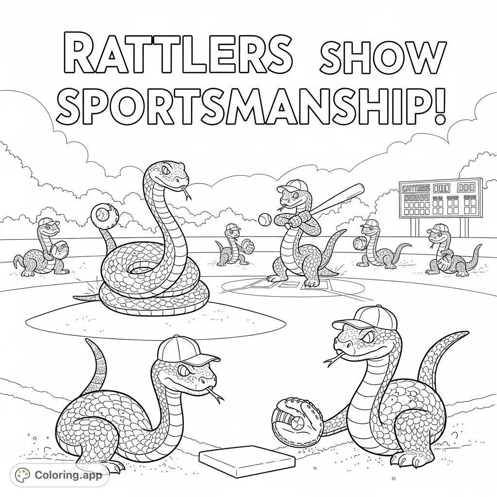 Whimsical rattlesnakes play baseball on a detailed field, showcasing sportsmanship. Perfect for a fun, unique coloring page adventure!
