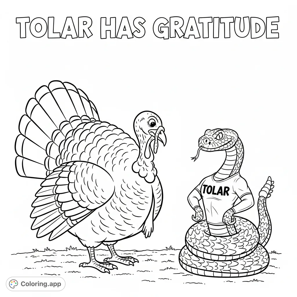 A Thanksgiving turkey shows heartfelt gratitude to a rattlesnake in a 'Tolar Shirt,' with 'Tolar has Gratitude' displayed above. A unique, heartwarming scene.