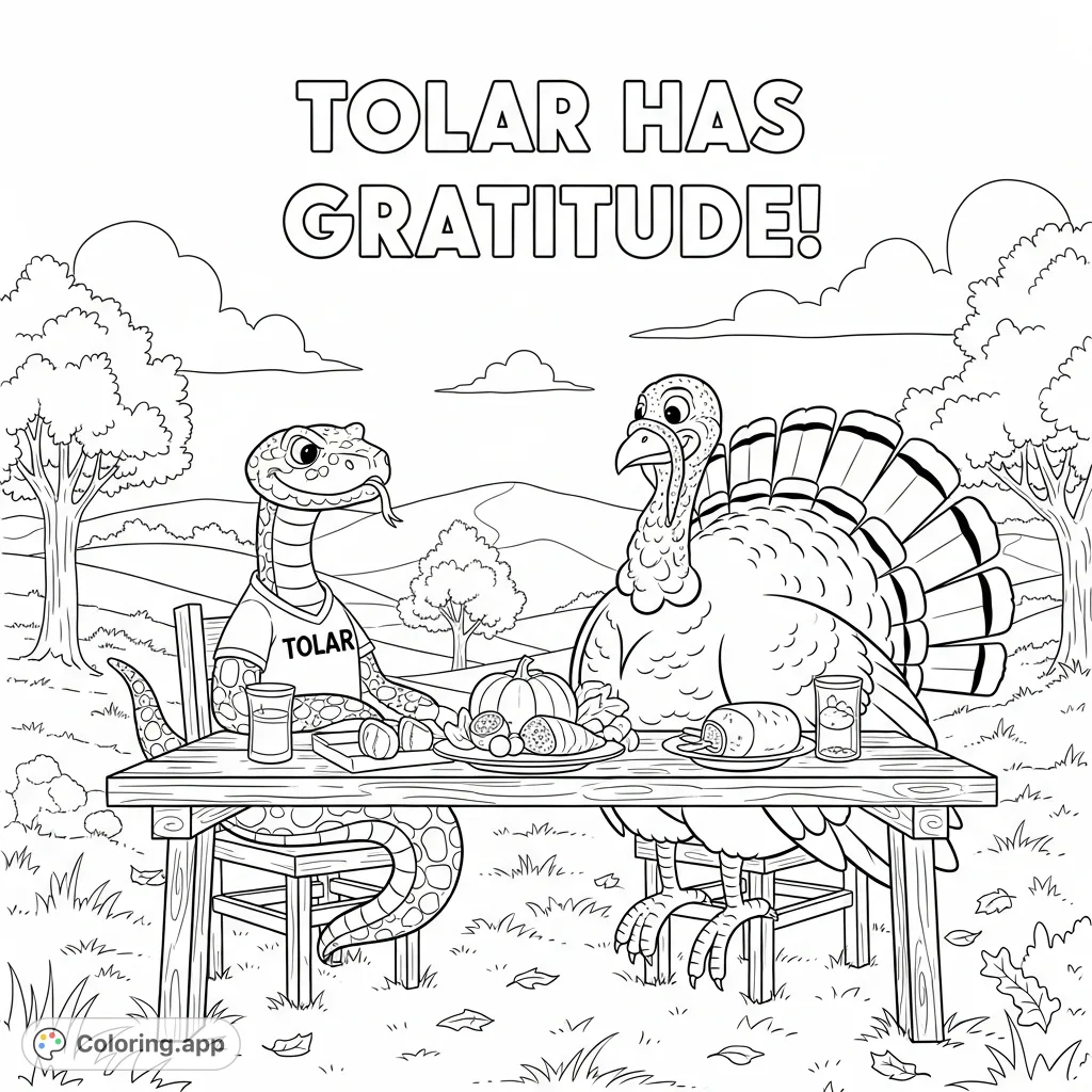 A delightful turkey and rattlesnake share a meal, with the snake sporting a 'Tolar' shirt and 'Tolar has Gratitude!' declared in the sky. A unique, friendly scene!