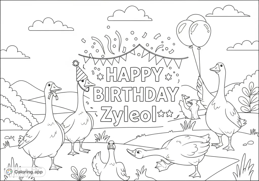 Celebrate with a whimsical silly goose birthday coloring page featuring playful geese, party elements, and personalized "Happy Birthday Zyleol" text.