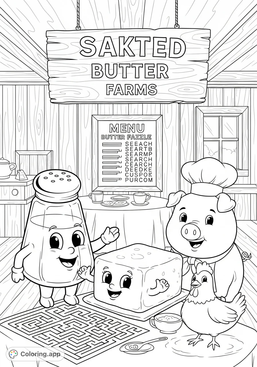 Explore Sakted Butter Farms with a friendly salt shaker, butter character, cute pig, and chicken. Features a word search and maze for extra fun!