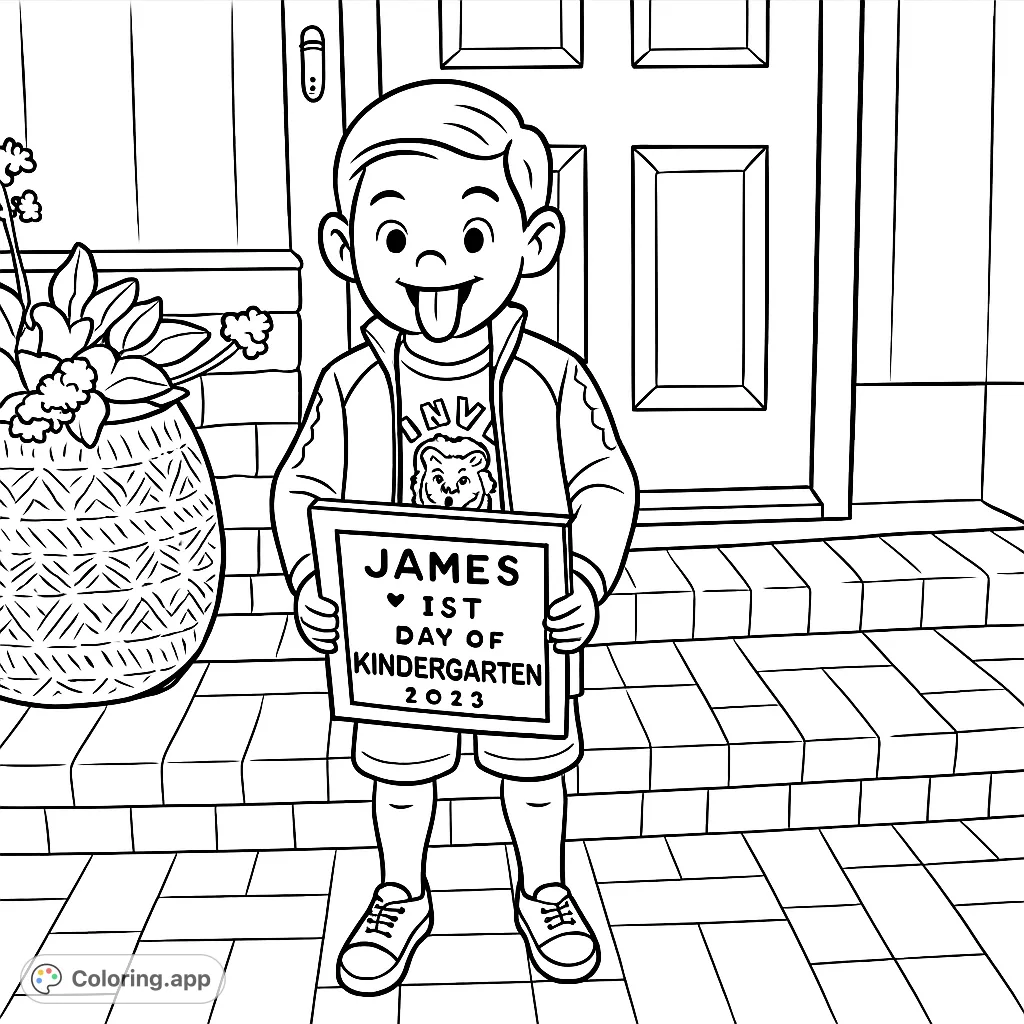 Celebrate a special milestone with this cheerful kindergarten coloring page! A happy boy holds his "First Day" sign, ready for a new adventure.