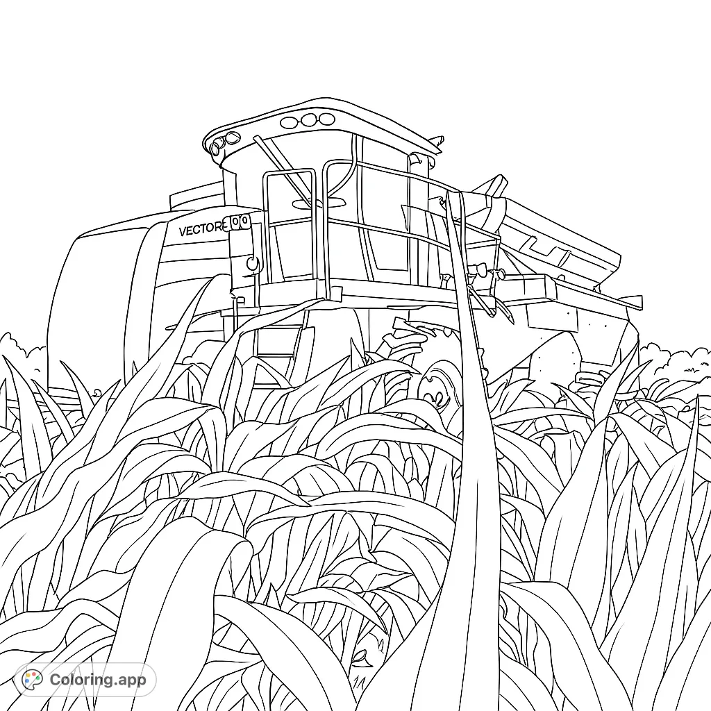 Color a powerful farm machine amidst a field of tall crops. This detailed agricultural scene offers a unique perspective for enthusiasts of modern farming equipment.