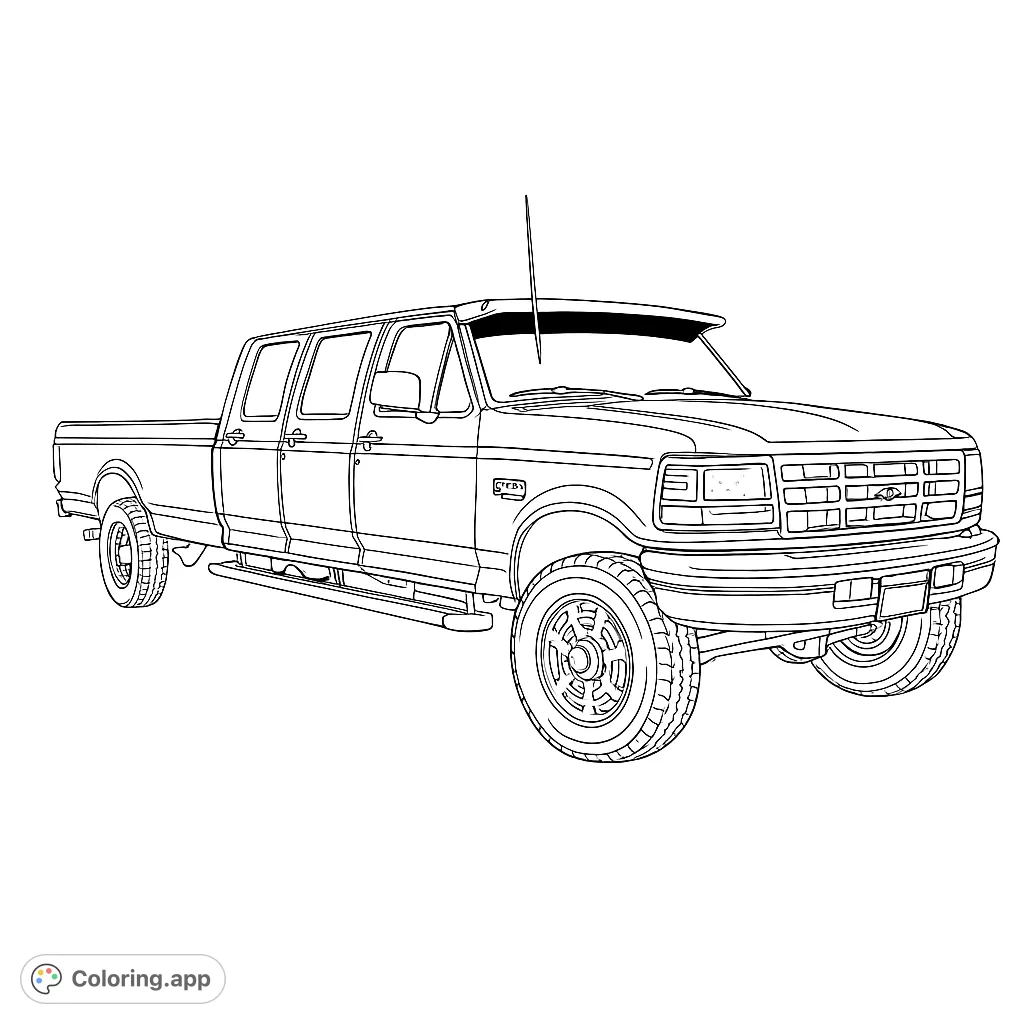Color a powerful extended cab pickup truck with multiple doors, rugged tires, and a detailed grille, ready for adventure.