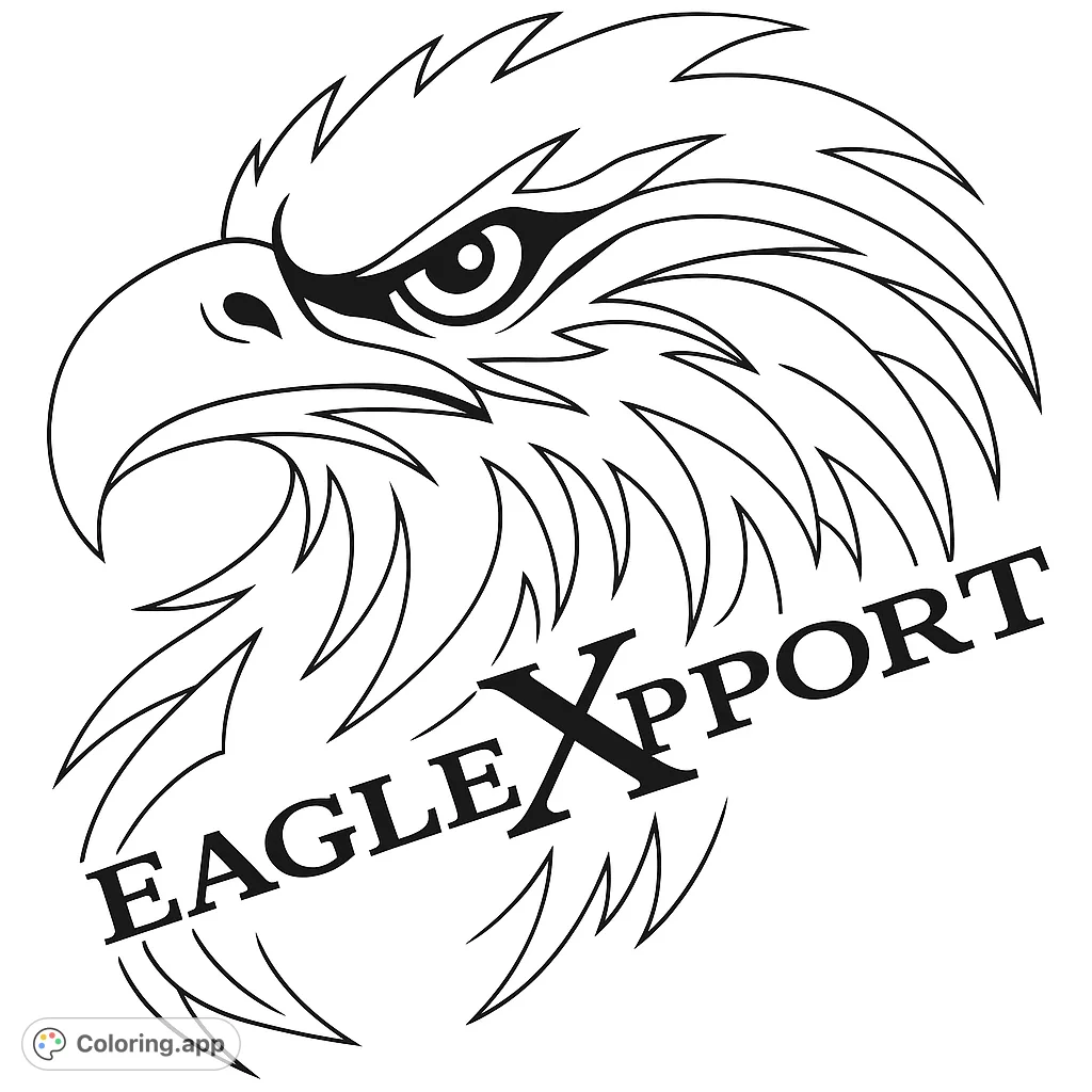 A powerful eagle head with sharp features and stylized feather patterns, perfect for a bold coloring experience. Features the text 'EAGLE XPORT'.