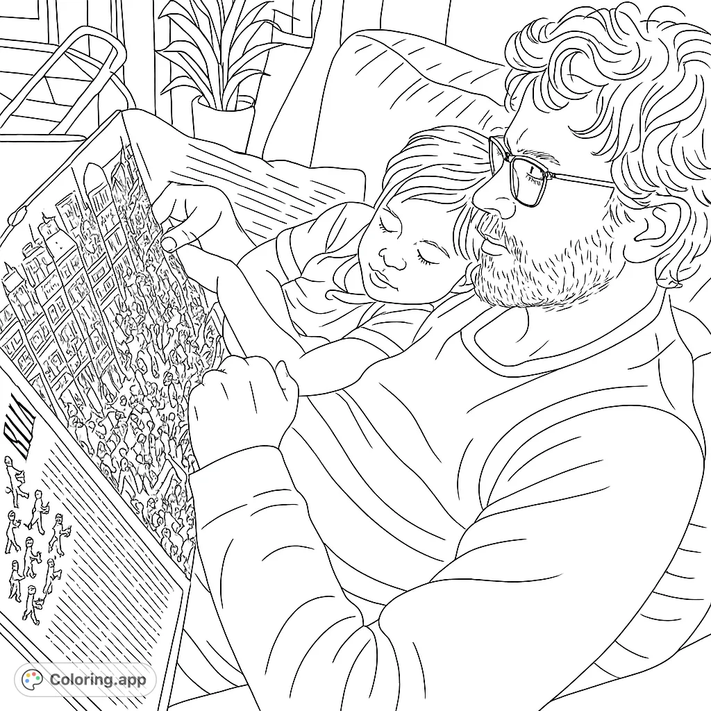 A heartwarming scene of an adult and child engrossed in a detailed 'Wild West' book. Perfect for family bonding and imaginative coloring fun.
