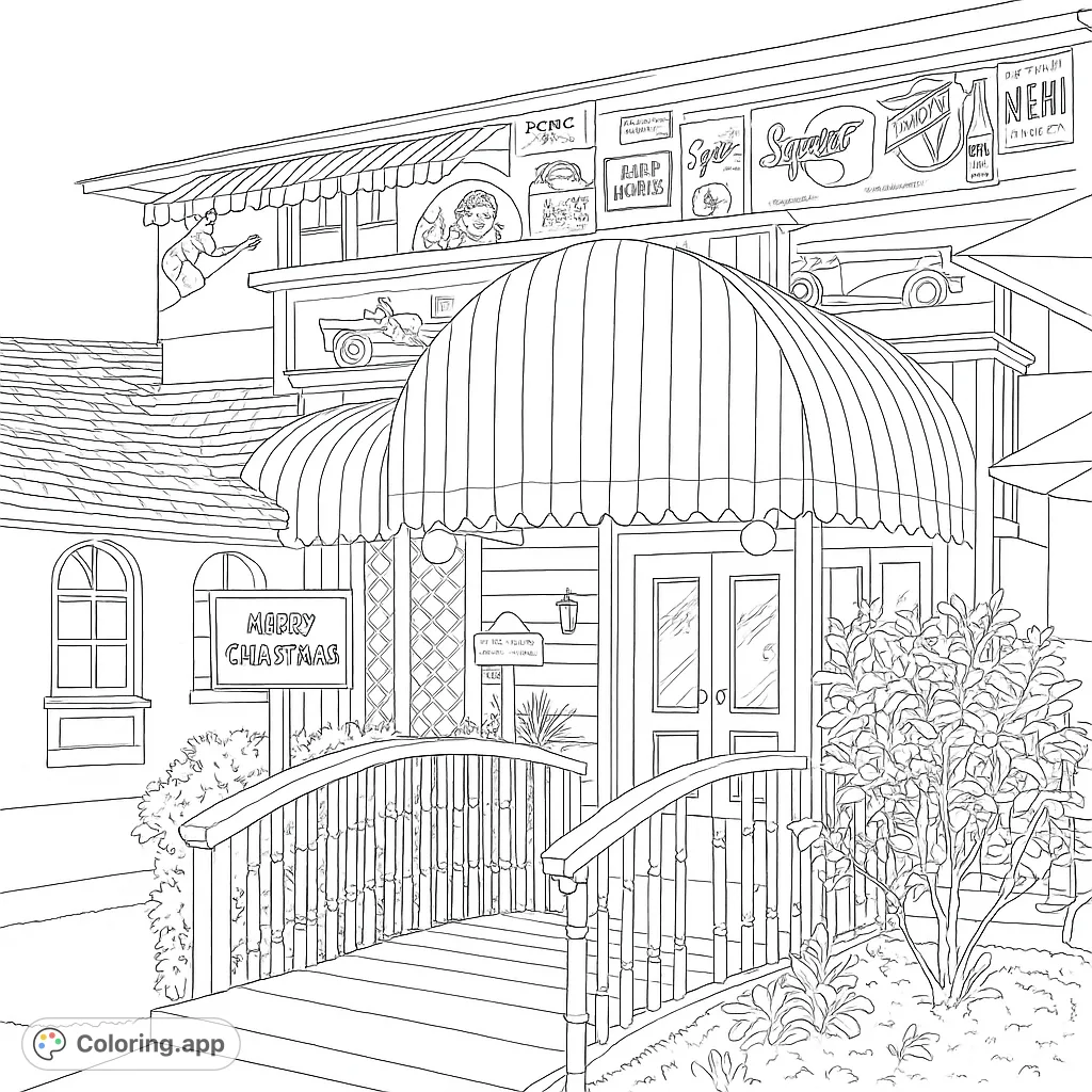 Step into a world of playful architecture with this whimsical building coloring page. Features striped awnings, vintage signs, and a charming bridge.
