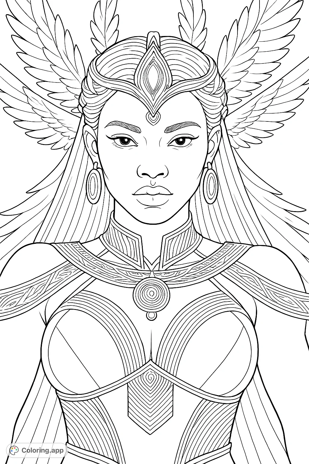 Color a majestic winged warrior queen with intricate armor and a grand feather headpiece. A detailed fantasy coloring page for creative expression.