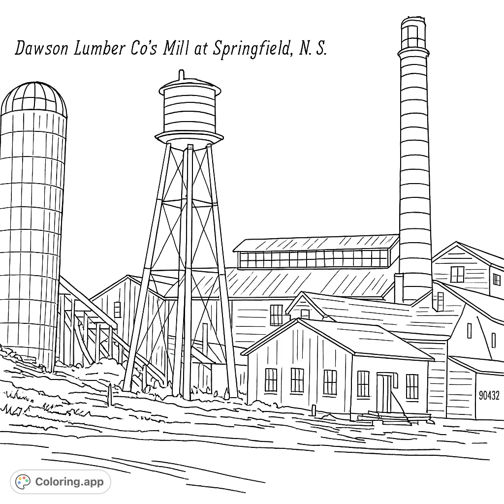 Explore a detailed historic lumber mill scene with industrial buildings, a tall chimney, water tower, and train car, offering a rich coloring experience.