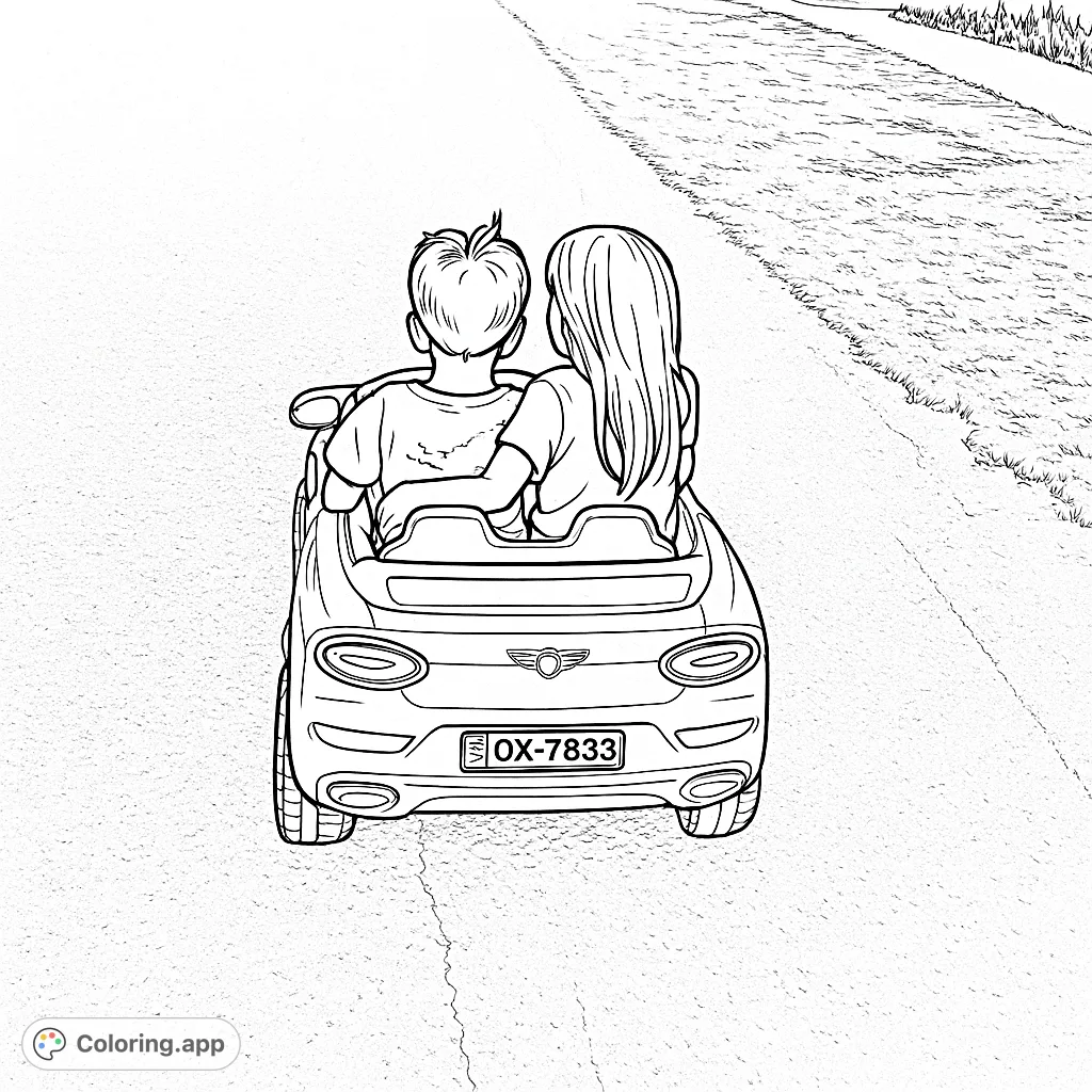 Two children embark on a fun road trip in their toy car. A delightful scene for imaginative play and creative coloring.