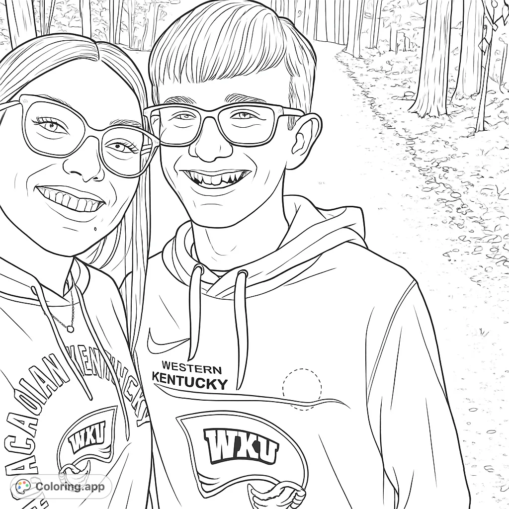 Two smiling friends enjoying a walk on a wooded path, captured in a heartwarming moment. Perfect for personalizing with your favorite shades.