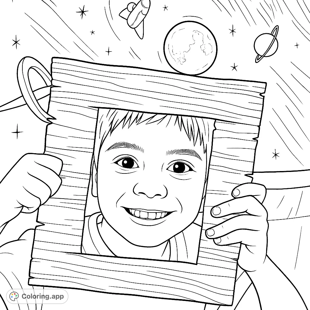 A smiling boy peeks through a rustic frame, set against a cosmic backdrop of planets, stars, and spacecraft, inviting a fun space adventure coloring page.