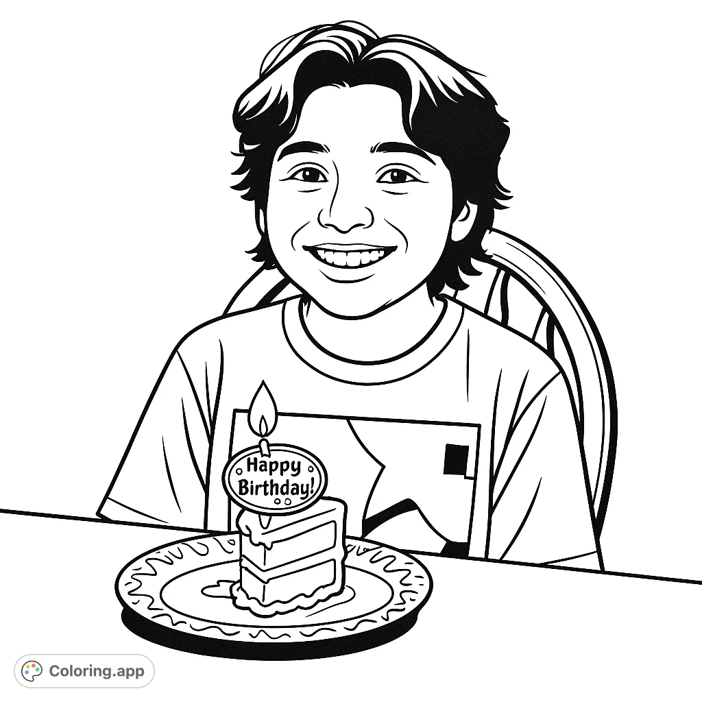 Celebrate a special day with this birthday coloring page! Features a smiling person, a slice of cake with a lit candle, and a festive atmosphere.