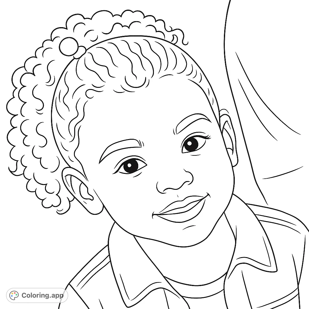 A delightful portrait of a smiling child with curly hair, perfect for a heartwarming coloring experience. Capture joy and innocence in every stroke.