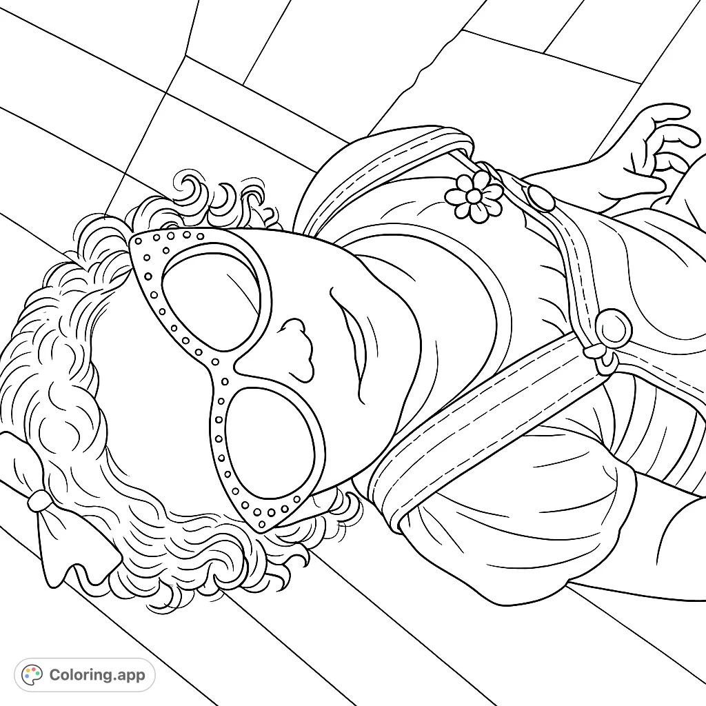 A delightful coloring page featuring a child in stylish sunglasses and a denim outfit, lying playfully on a textured ground. Perfect for creative fun.