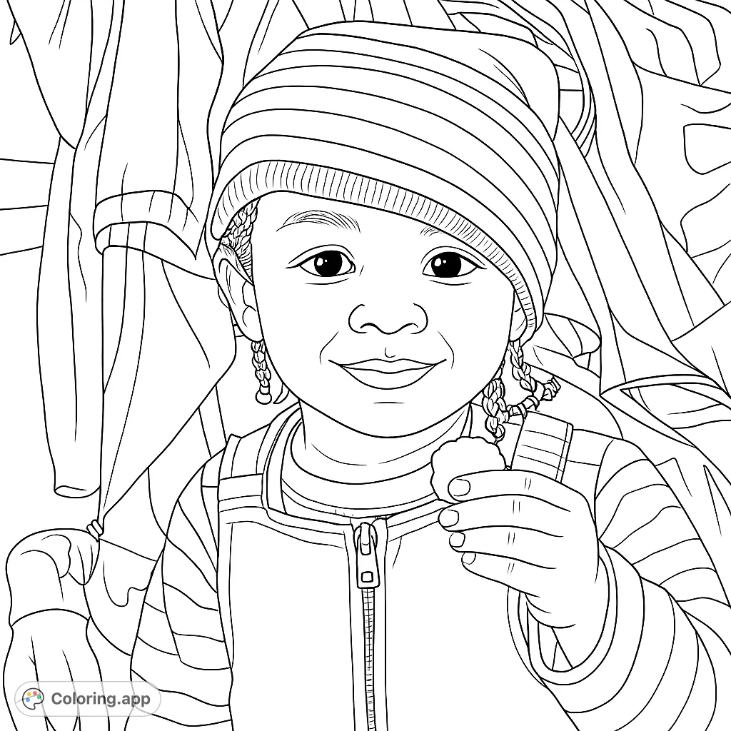 A heartwarming coloring page featuring a smiling child in winter attire, holding a small snow lump. Perfect for a cozy coloring session!