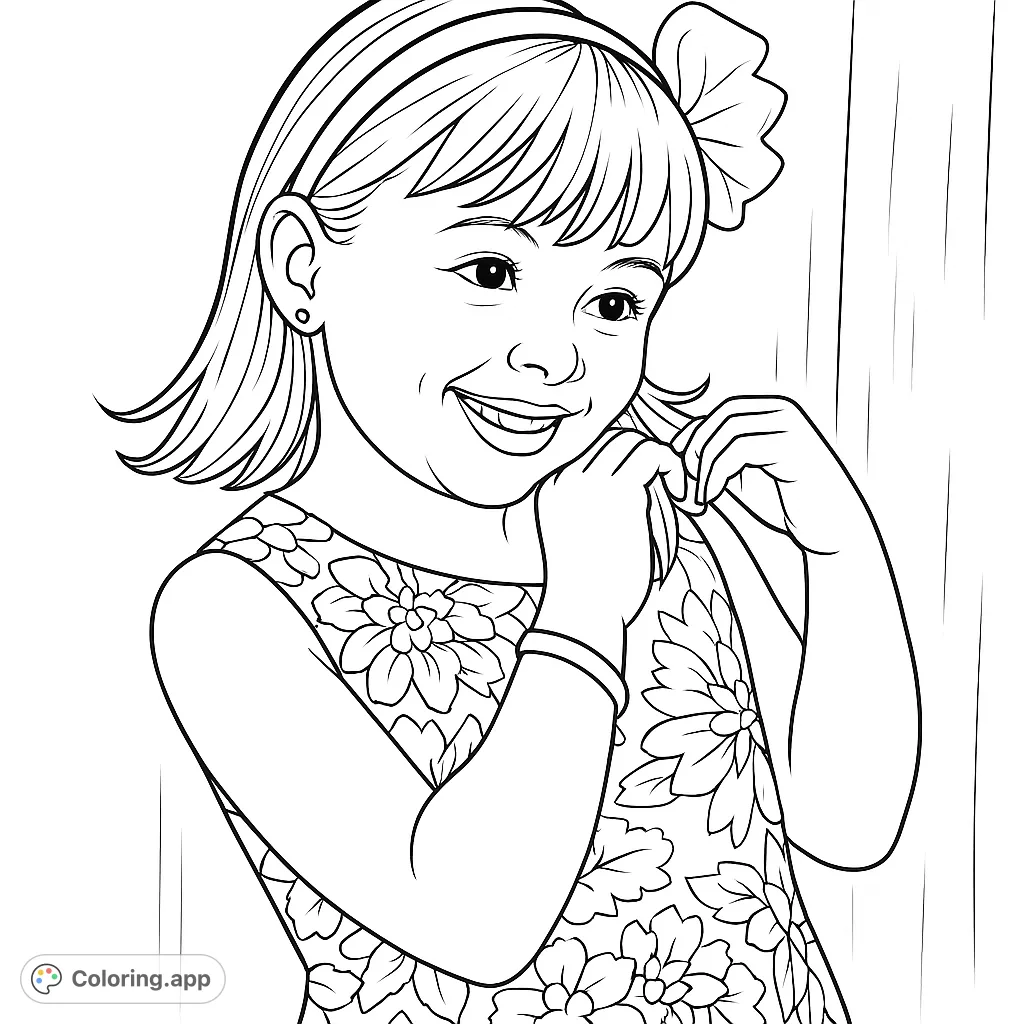 A delightful coloring page featuring a smiling young girl in a floral dress and a decorative headband, perfect for creative expression and joyful coloring.