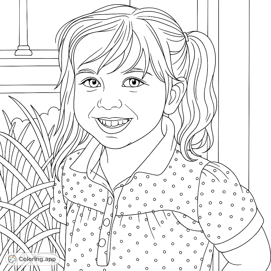 A delightful coloring page featuring a smiling young girl with pigtails and a polka-dotted shirt, perfect for bringing joy and creativity to life.
