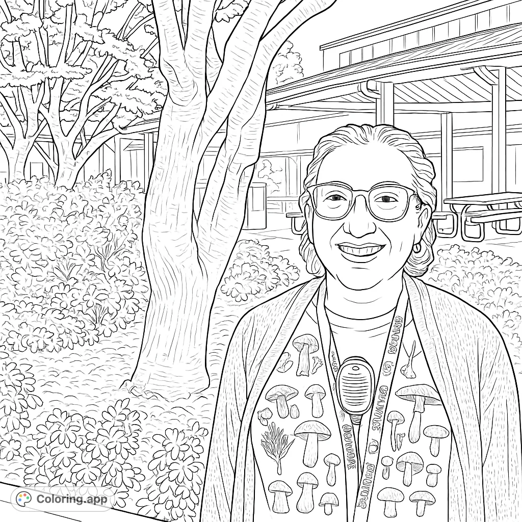 A delightful portrait of a smiling person wearing a unique mushroom-patterned shirt, set against a natural outdoor background with trees and architecture.