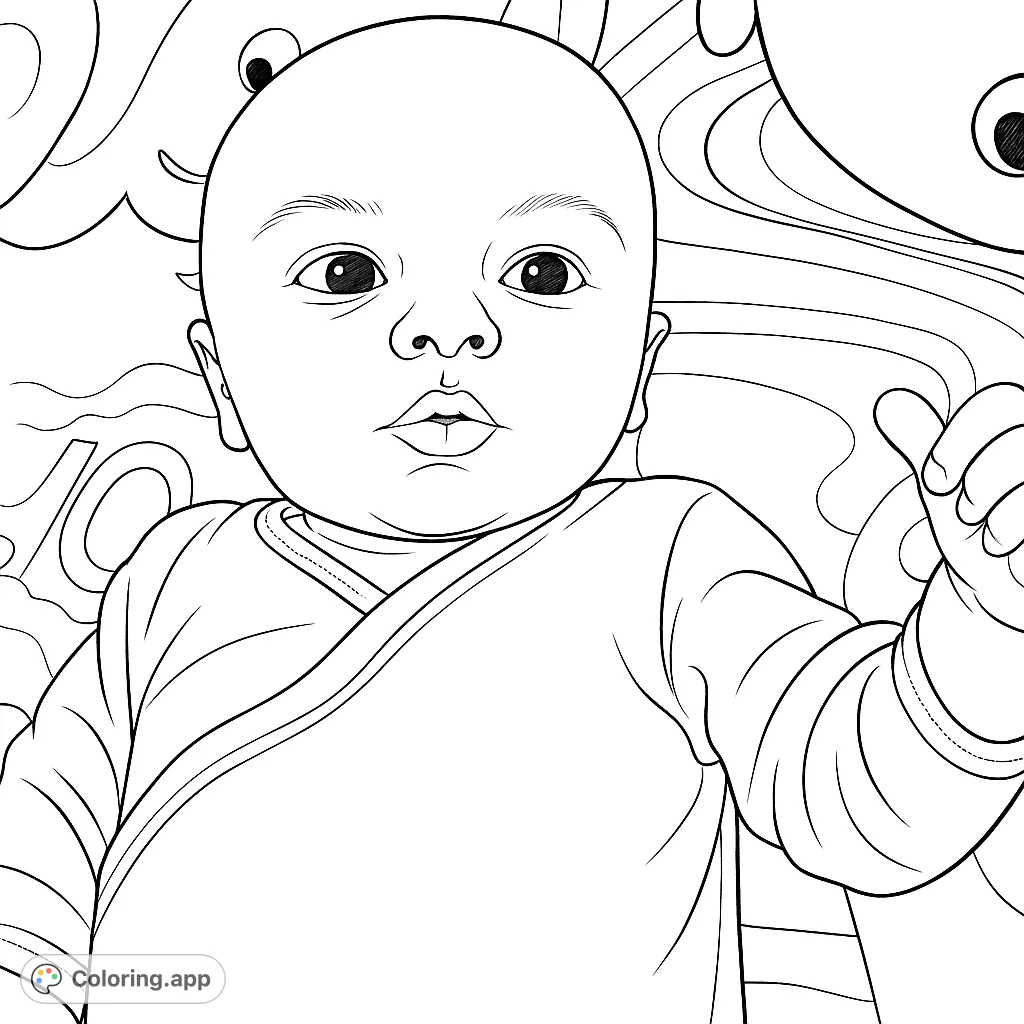 An adorable baby with pursed lips, lying on a patterned playmat, ready for a delightful coloring experience. Perfect for new parents and baby shower gifts.