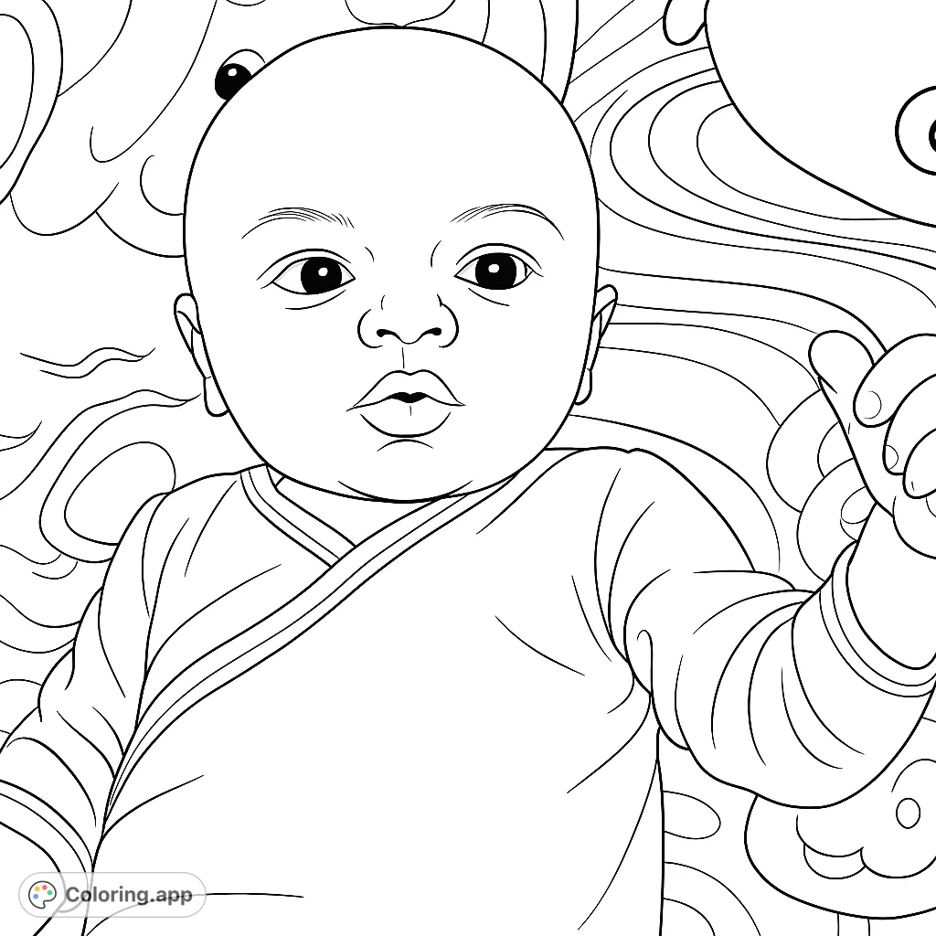 A delightful baby with pursed lips lies on a patterned playmat, ready for a splash of imagination. Perfect for young colorists.