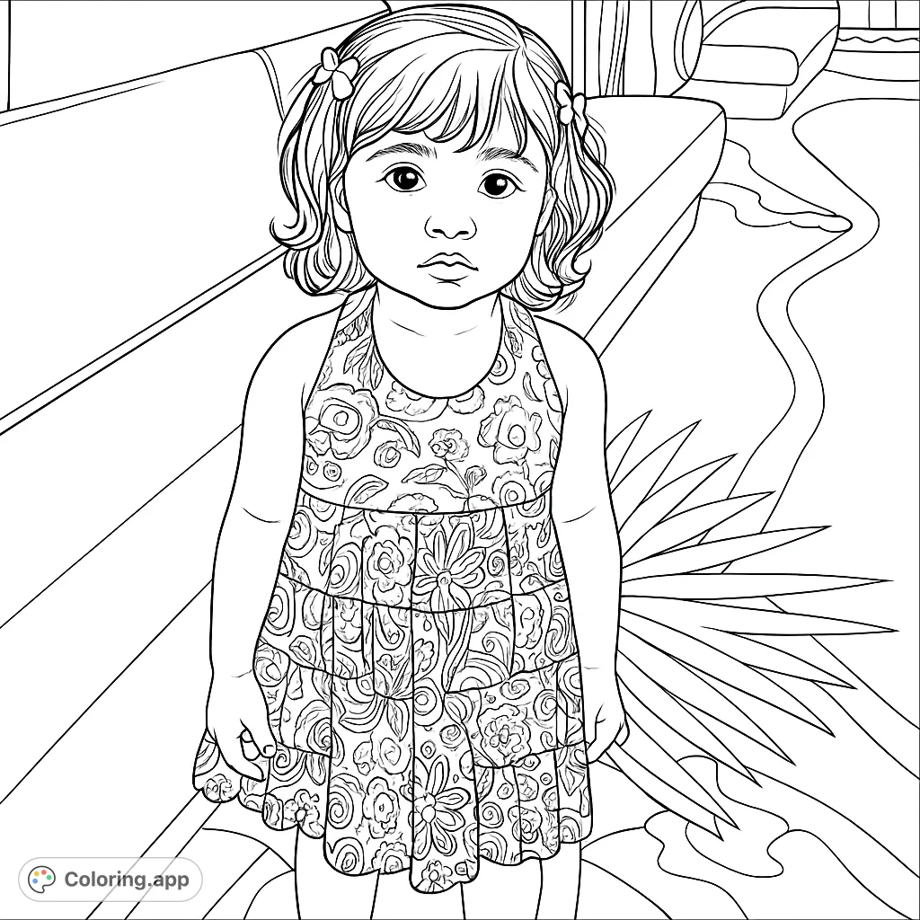 A charming coloring page featuring a sweet child in a beautifully patterned dress, perfect for creative expression and detail-oriented coloring fun.
