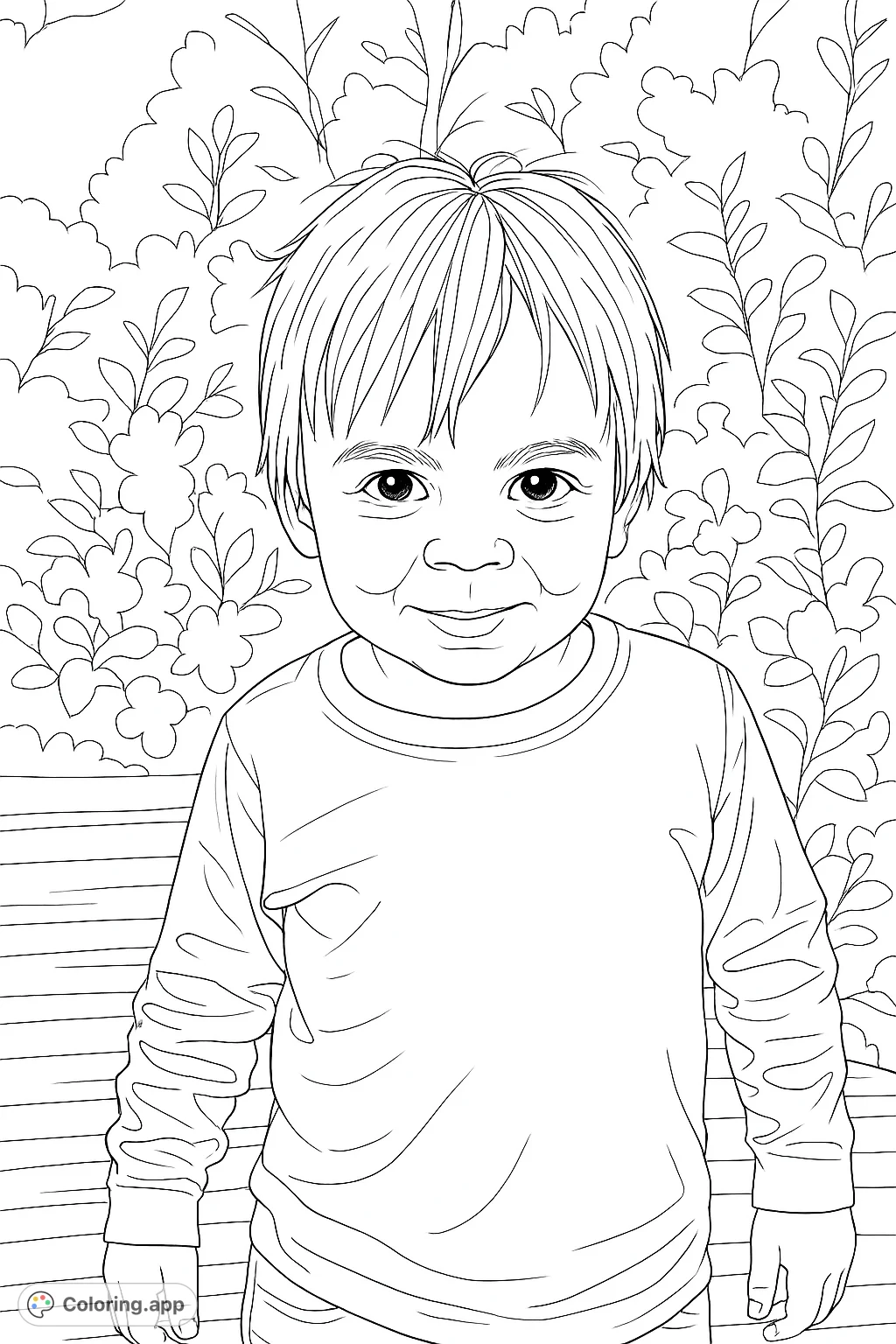 An adorable toddler with a sweet expression, standing outdoors amidst soft foliage and a wooden path. A charming portrait for a delightful coloring experience.