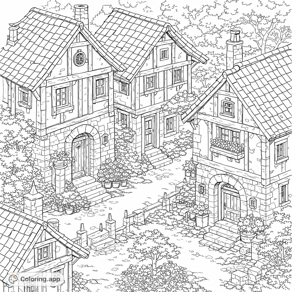 Explore a detailed, intricate village architecture coloring page with charming houses, stone paths, and lush foliage, perfect for a relaxing artistic challenge.