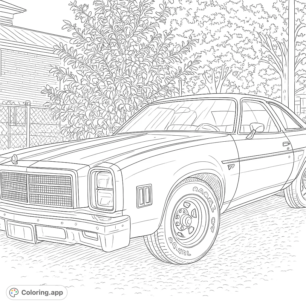 Step back in time with this intricate classic American coupe coloring page. Features a detailed vintage car against a suburban backdrop, perfect for car enthusiasts.