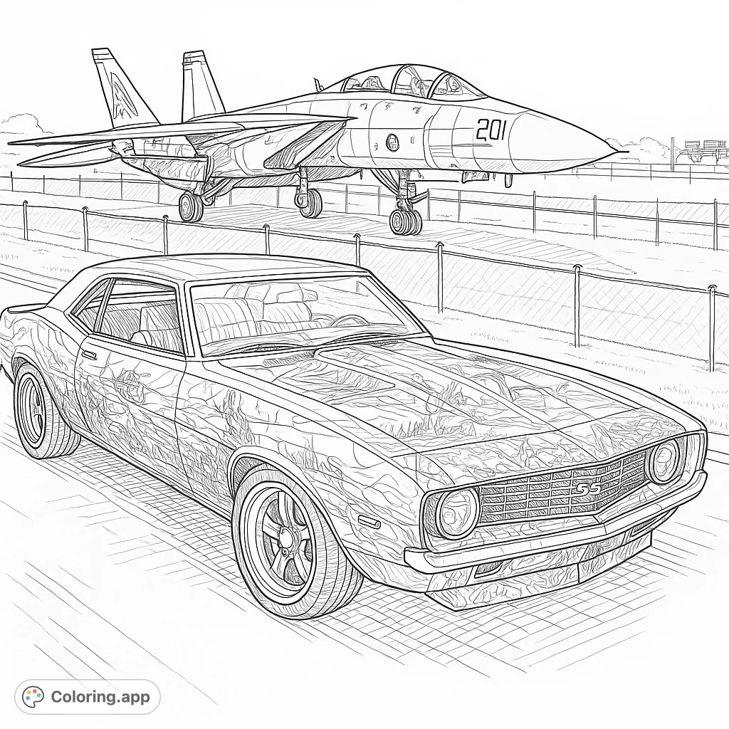 An intricate coloring page featuring a classic muscle car with a detailed custom paint job, parked in front of a majestic military fighter jet on display. Perfect for enthusiasts.