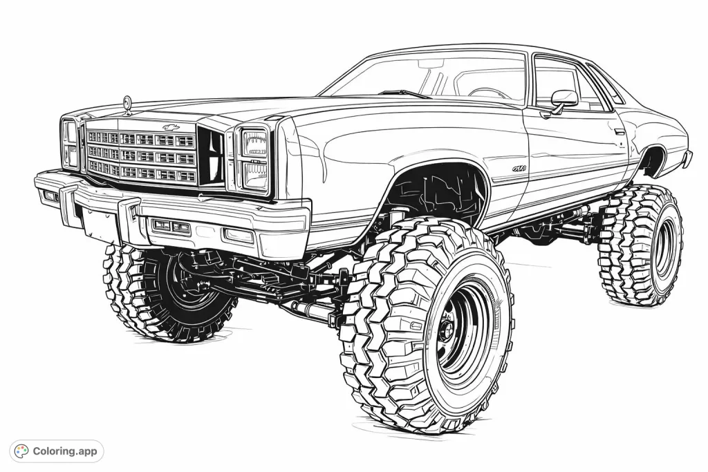 An intricate monster truck coloring page featuring a classic American coupe with massive tires and lifted suspension, perfect for detailed coloring.