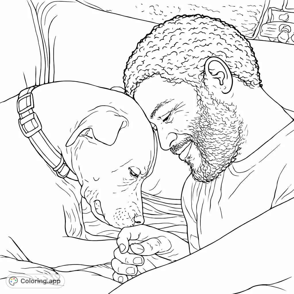 A free printable man and dog coloring page capturing a heartfelt moment. Features a person with their loyal canine companion, perfect for animal lovers of all ages.