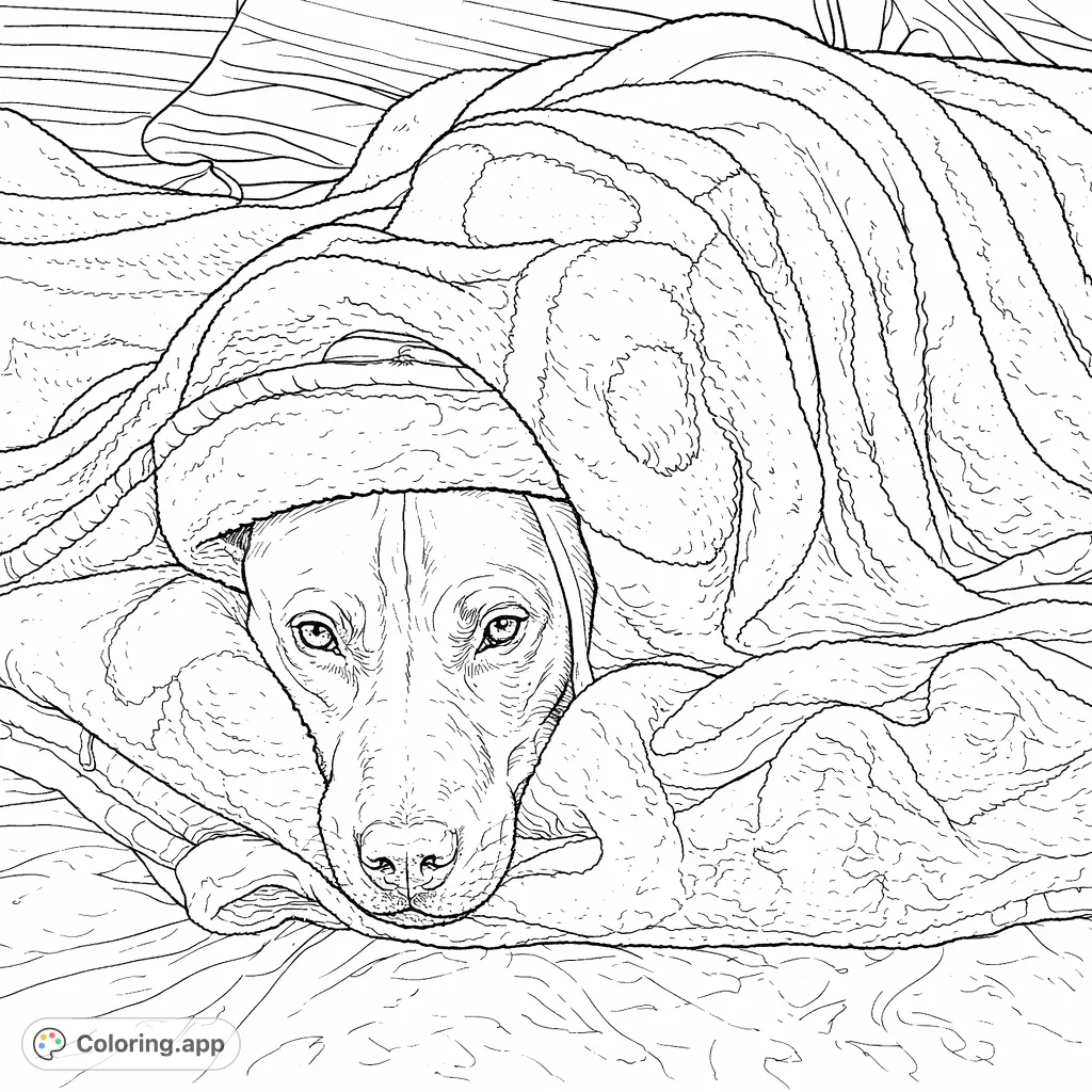 Discover a charming dog peeking from a cozy blanket in this realistic coloring page. Perfect for animal lovers to bring to life with intricate detail.