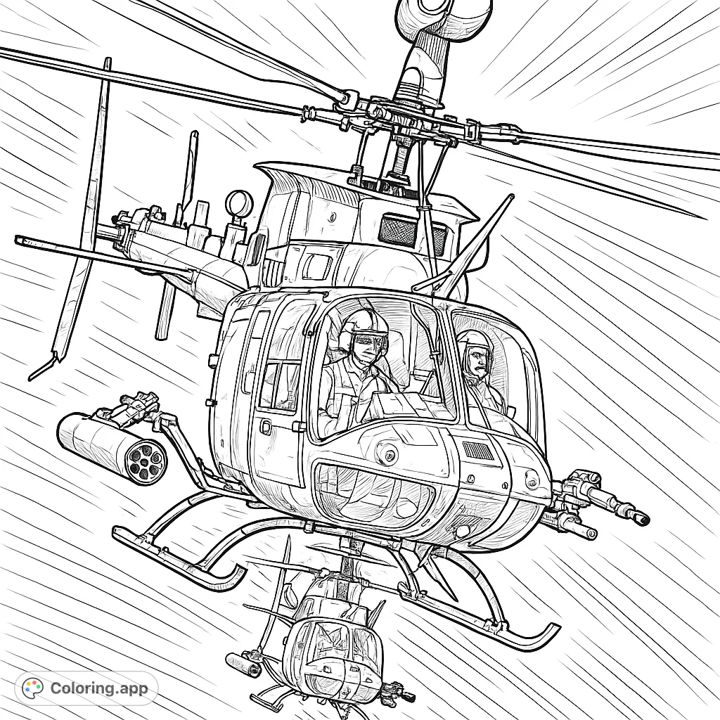 Soar into action with this intricate military helicopter coloring page. Featuring detailed weaponry and pilots, it's a challenging and rewarding design.