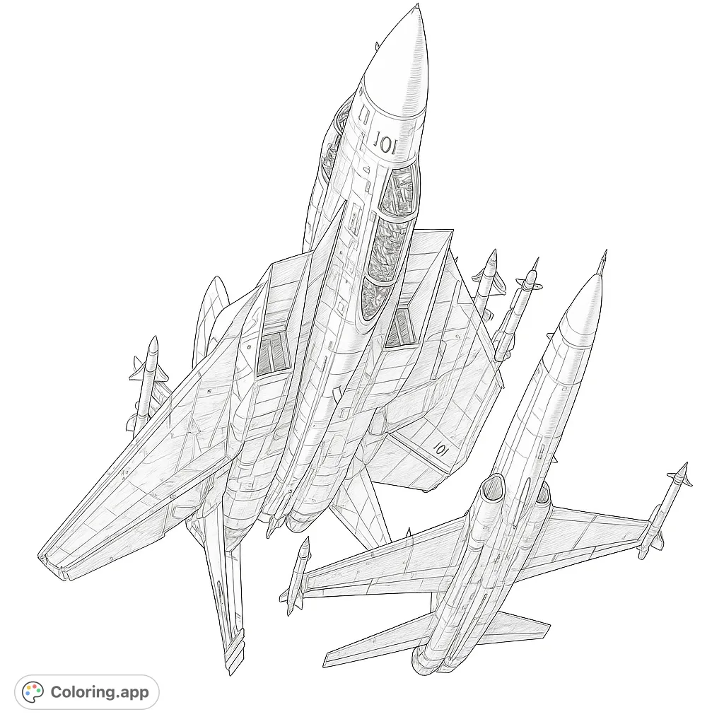 An intricate design of two powerful fighter jets soaring through the sky, detailed for realistic coloring enjoyment. An intricate aviation coloring page.