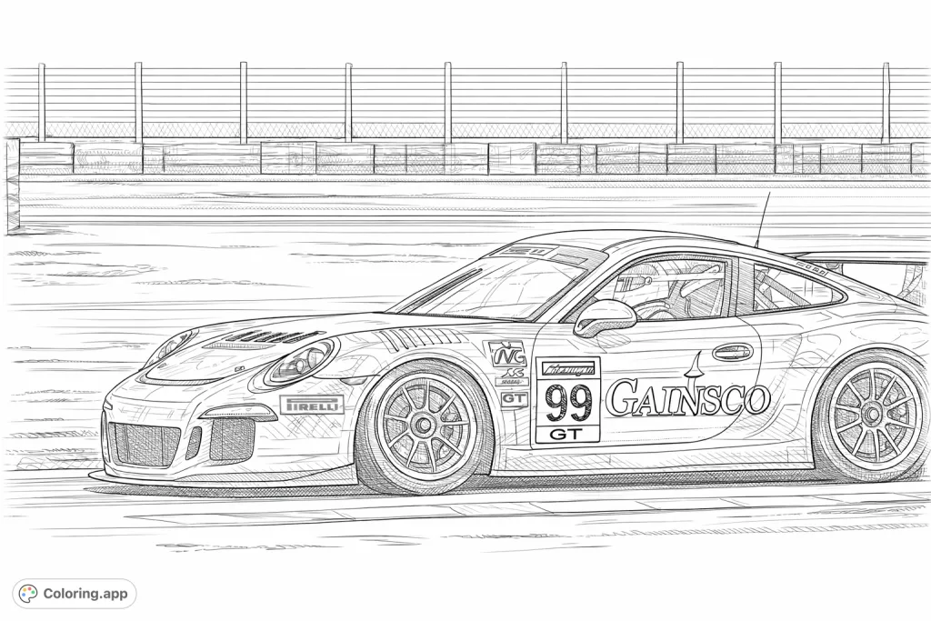 Experience the thrill of speed with this intricate race car coloring page. Features a detailed high-performance vehicle on a track, perfect for motor sports enthusiasts!
