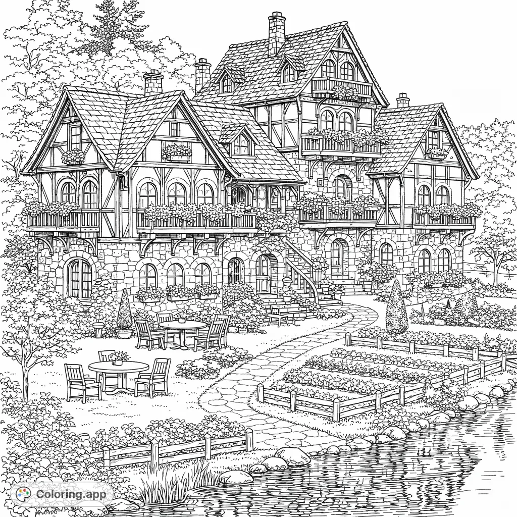 Color an enchanting fairytale cottage nestled by a reflective lake, surrounded by intricate gardens, charming outdoor seating, and lush autumn trees. A detailed artistic escape.