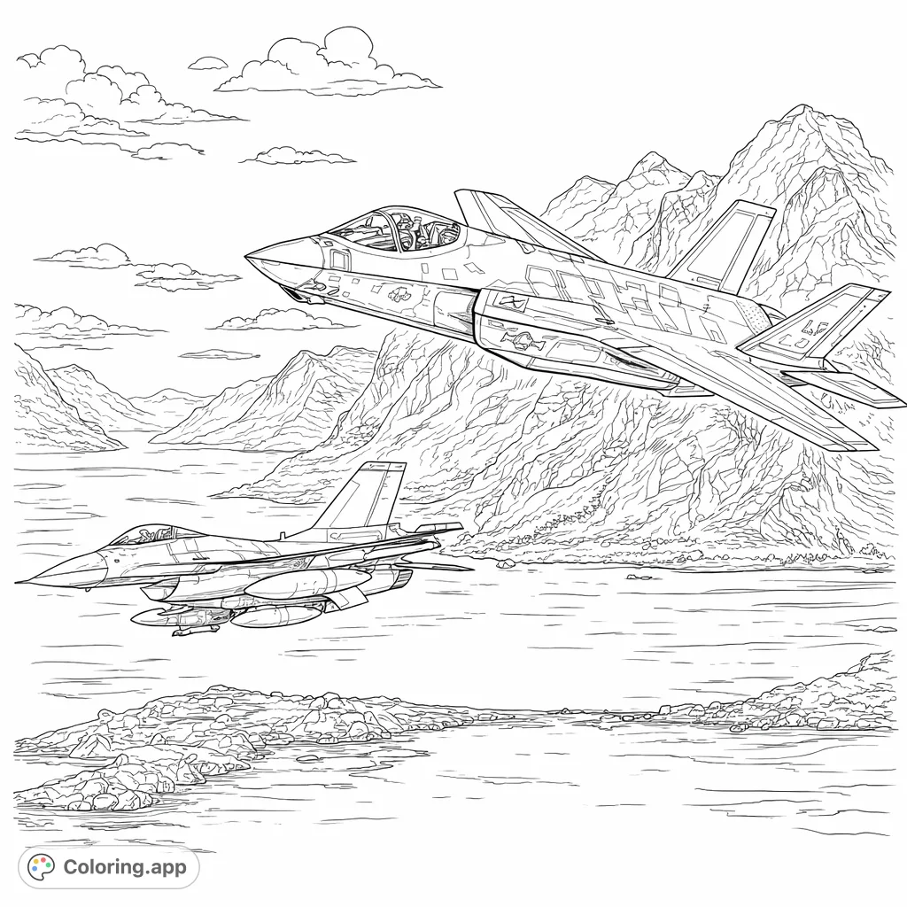Detailed fighter jet coloring page featuring two advanced aircraft soaring over a dramatic mountain fjord and coastal village. Intricate design for aviation enthusiasts.