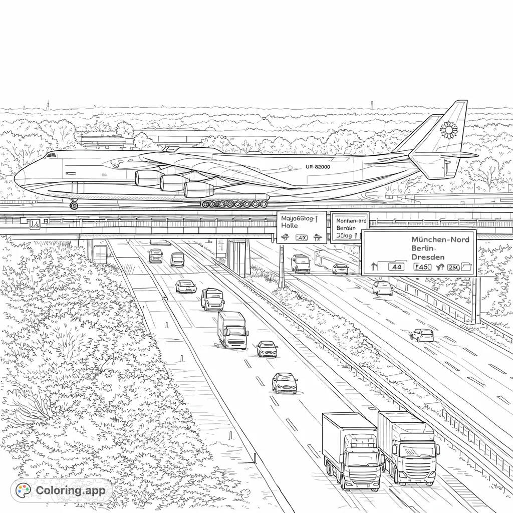 Experience the awe of a colossal aircraft traversing an overpass above a bustling multi-lane highway, surrounded by detailed vehicles and scenery.