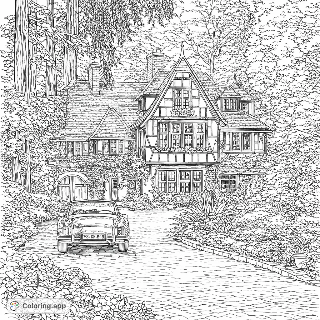 Explore an exquisite Tudor-style manor, nestled in lush gardens, with a vintage convertible. An intricate manor house coloring page for detailed artistry.