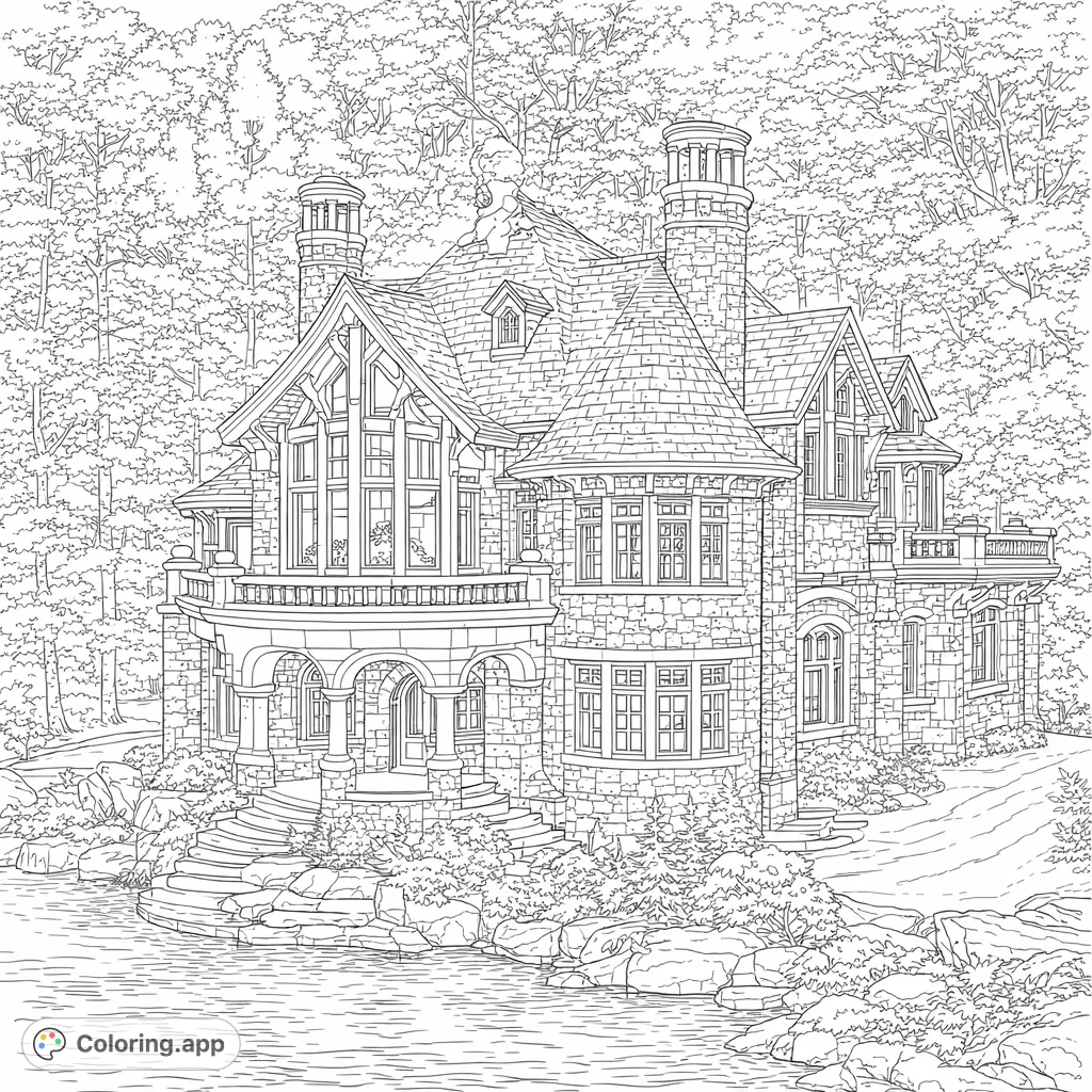 Discover an intricate stone mansion coloring page nestled by a serene lake, surrounded by detailed autumnal foliage. A free printable architectural challenge!