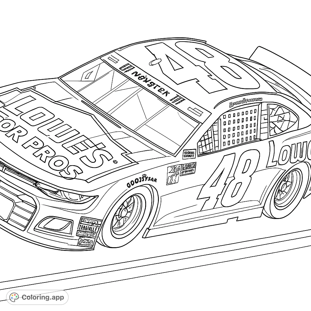 An intricate race car coloring page featuring a detailed stock car with number 48 and sponsor logos, perfect for speed enthusiasts and detailed coloring.