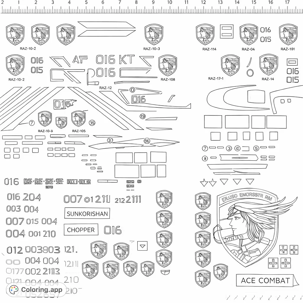 Explore an intricate collection of military-inspired decals and emblems, featuring shield insignias, alphanumeric codes, and geometric patterns for detailed coloring.