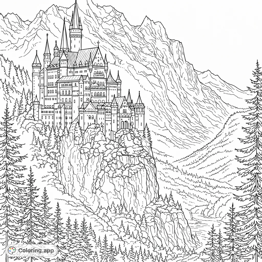 A majestic castle atop a rugged cliff, overlooking a vast mountain range and dense forest, offering an intricate and grand scene for coloring.