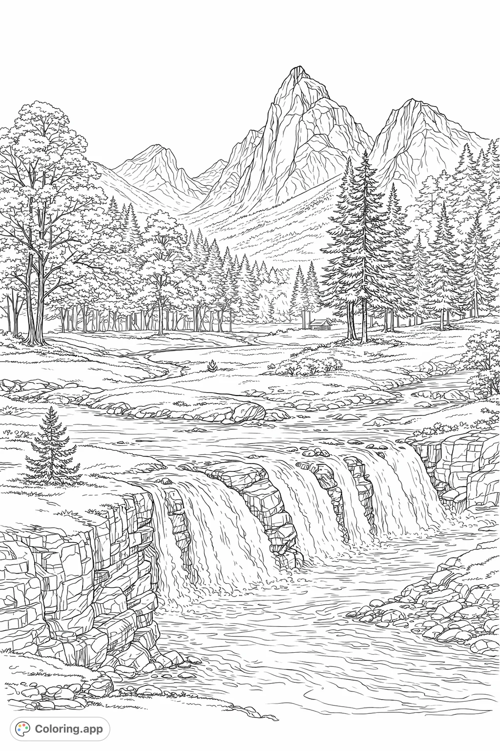 Immerse yourself in a breathtaking waterfall mountain landscape, featuring a powerful cascade, lush forests, and towering peaks for an intricate coloring challenge.